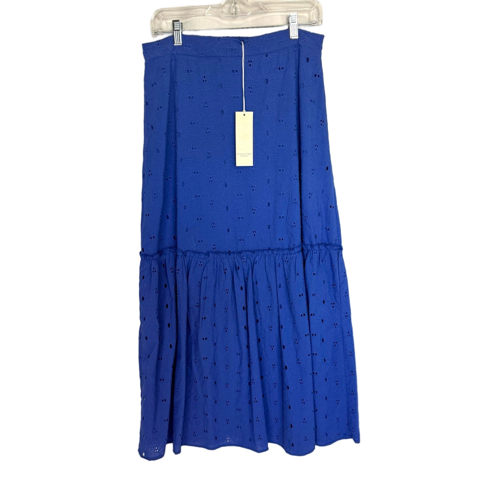 New Calypso St Barth Blue Eyelet Maxi Skirt Lined Women M Tiered Elastic waist